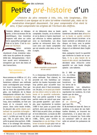Rédaction, illustration et mise en page de l'article "Petite pré-histoire d'un grand chiffre : le zéro" pour la rubrique "Sciences et société" - Réflexiences #03 - Novembre / Décembre 2005