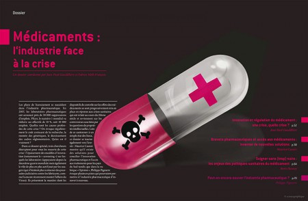 Technology Review #06 - Illustration d'ouverture du dossier "Médicaments : l'industrie face à l'a crise" - Avril / Mai 2008